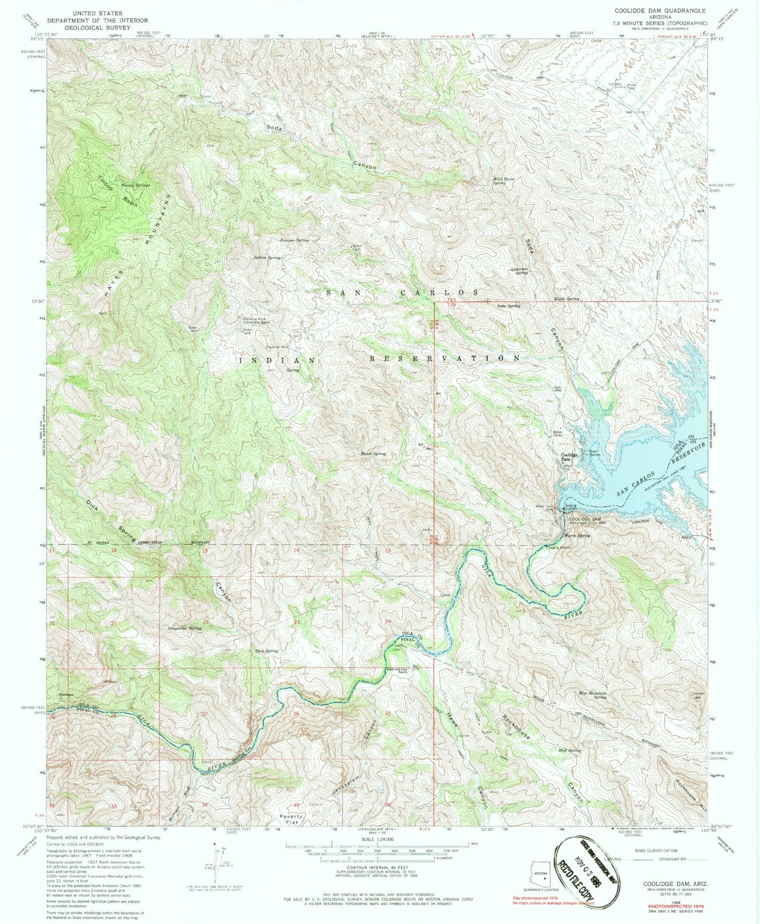 Classic USGS Coolidge Dam Arizona 7.5'x7.5' Topo Map Image
