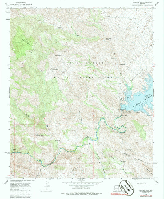 Classic USGS Coolidge Dam Arizona 7.5'x7.5' Topo Map Image
