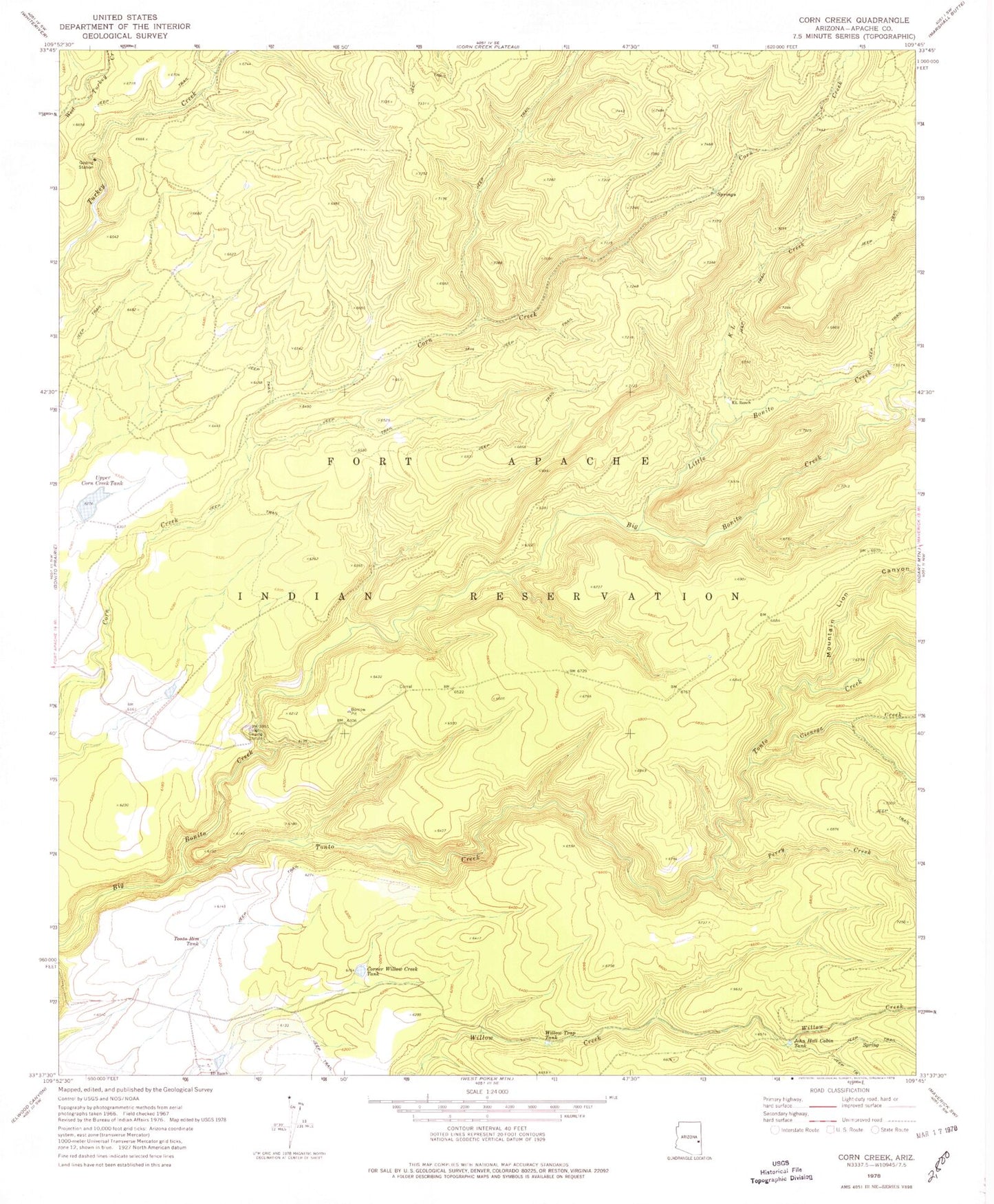 Classic USGS Corn Creek Arizona 7.5'x7.5' Topo Map Image