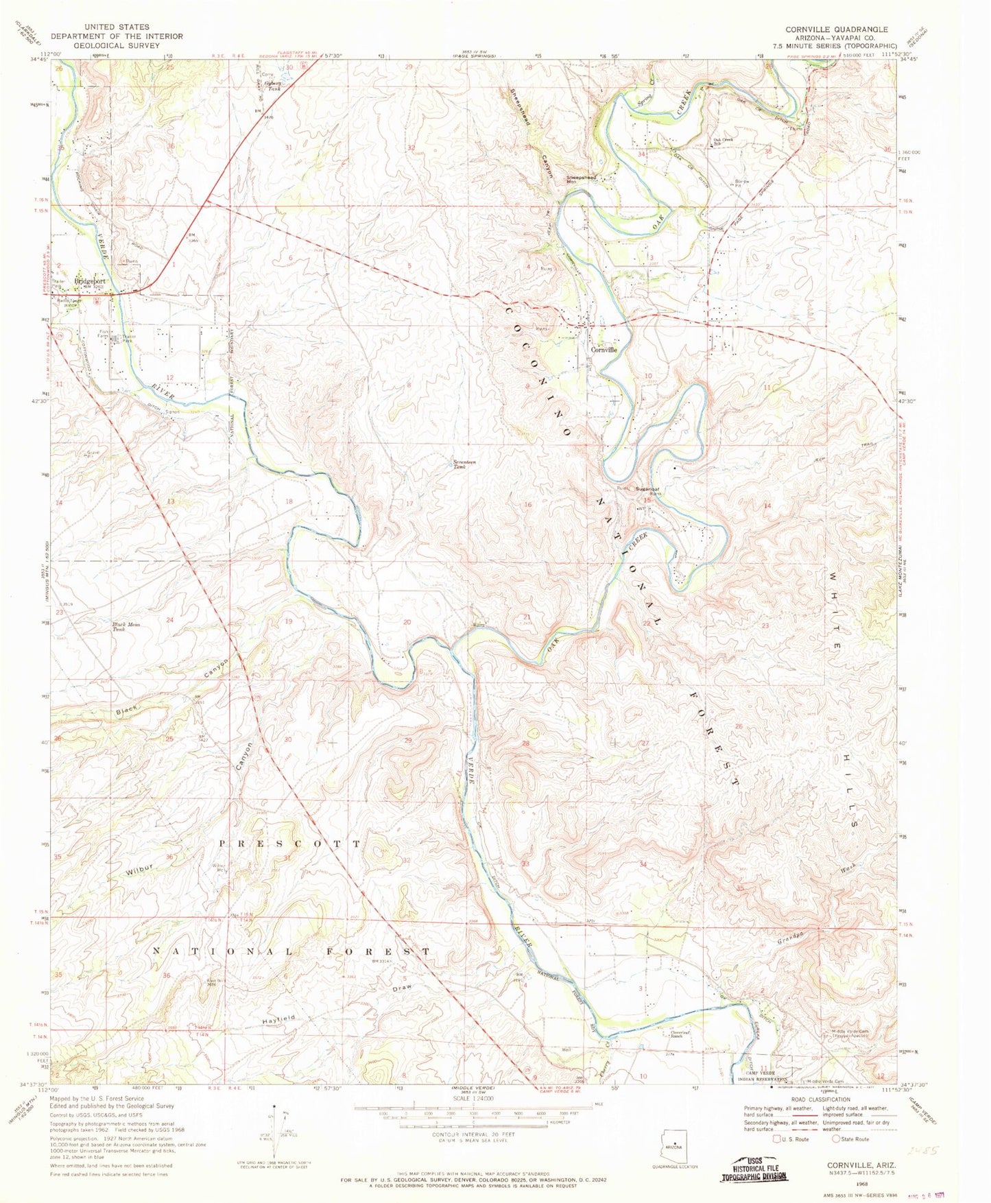 Classic USGS Cornville Arizona 7.5'x7.5' Topo Map Image