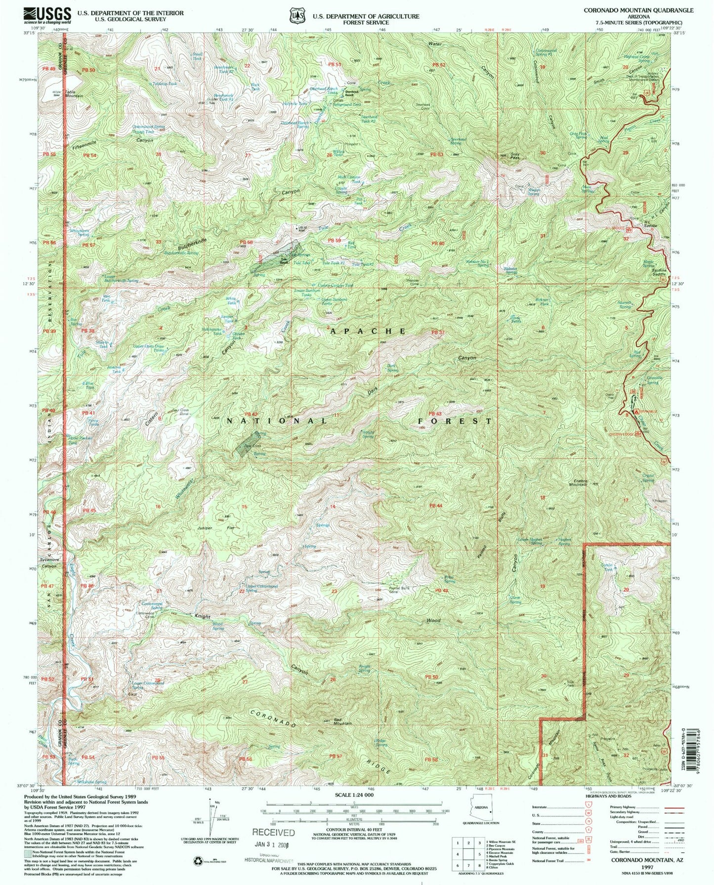 Classic USGS Coronado Mountain Arizona 7.5'x7.5' Topo Map Image