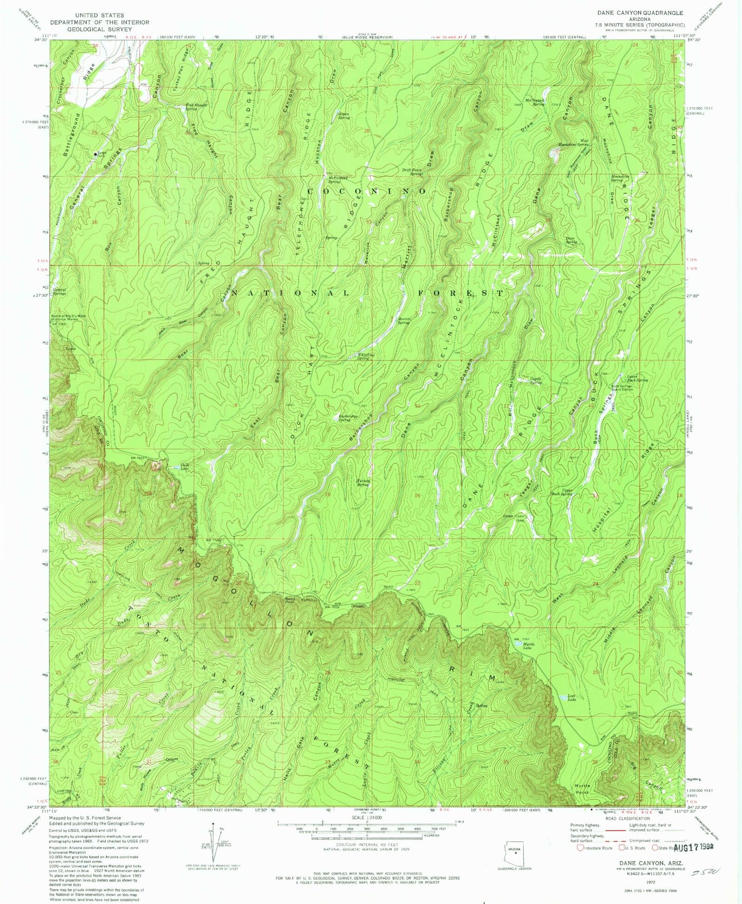 Classic USGS Dane Canyon Arizona 7.5'x7.5' Topo Map Image