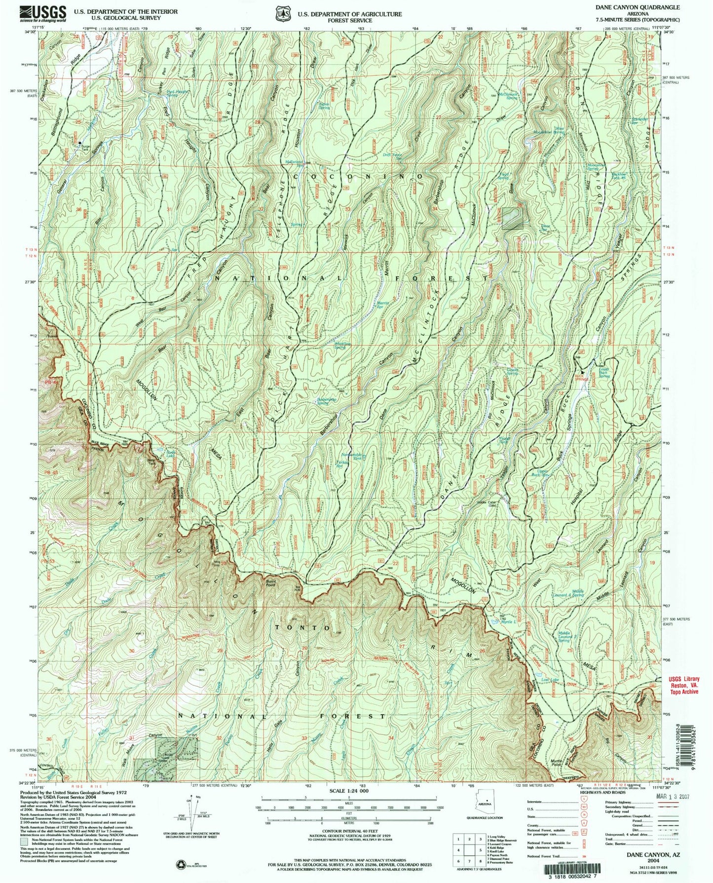Classic USGS Dane Canyon Arizona 7.5'x7.5' Topo Map Image