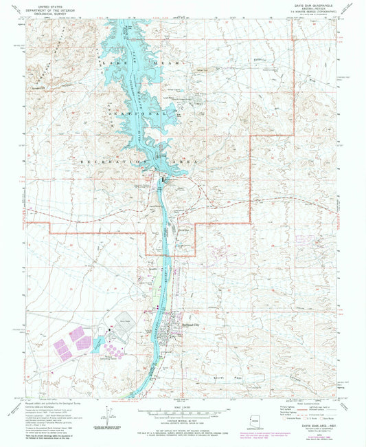 Classic USGS Davis Dam Arizona 7.5'x7.5' Topo Map Image