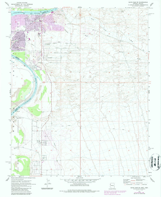 Classic USGS Davis Dam SE Arizona 7.5'x7.5' Topo Map Image