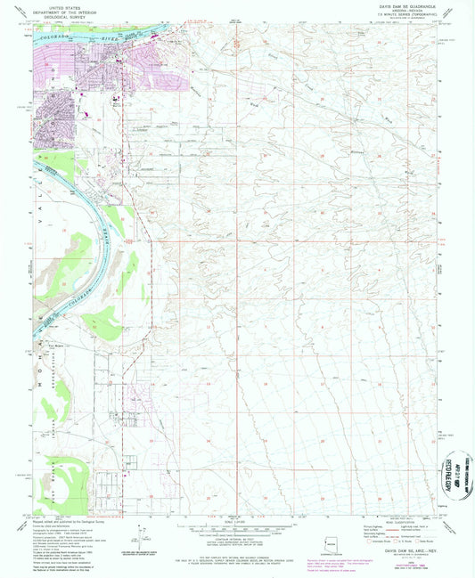 Classic USGS Davis Dam SE Arizona 7.5'x7.5' Topo Map Image