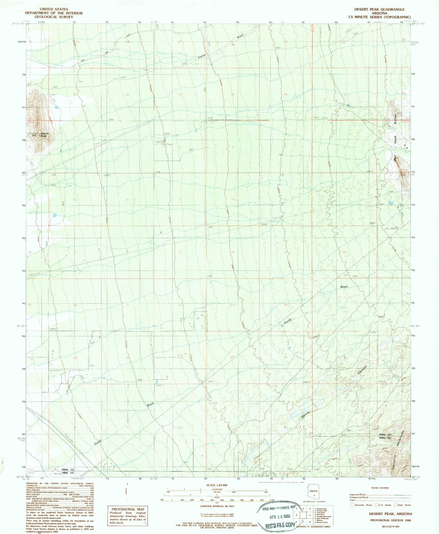 Classic USGS Desert Peak Arizona 7.5'x7.5' Topo Map Image