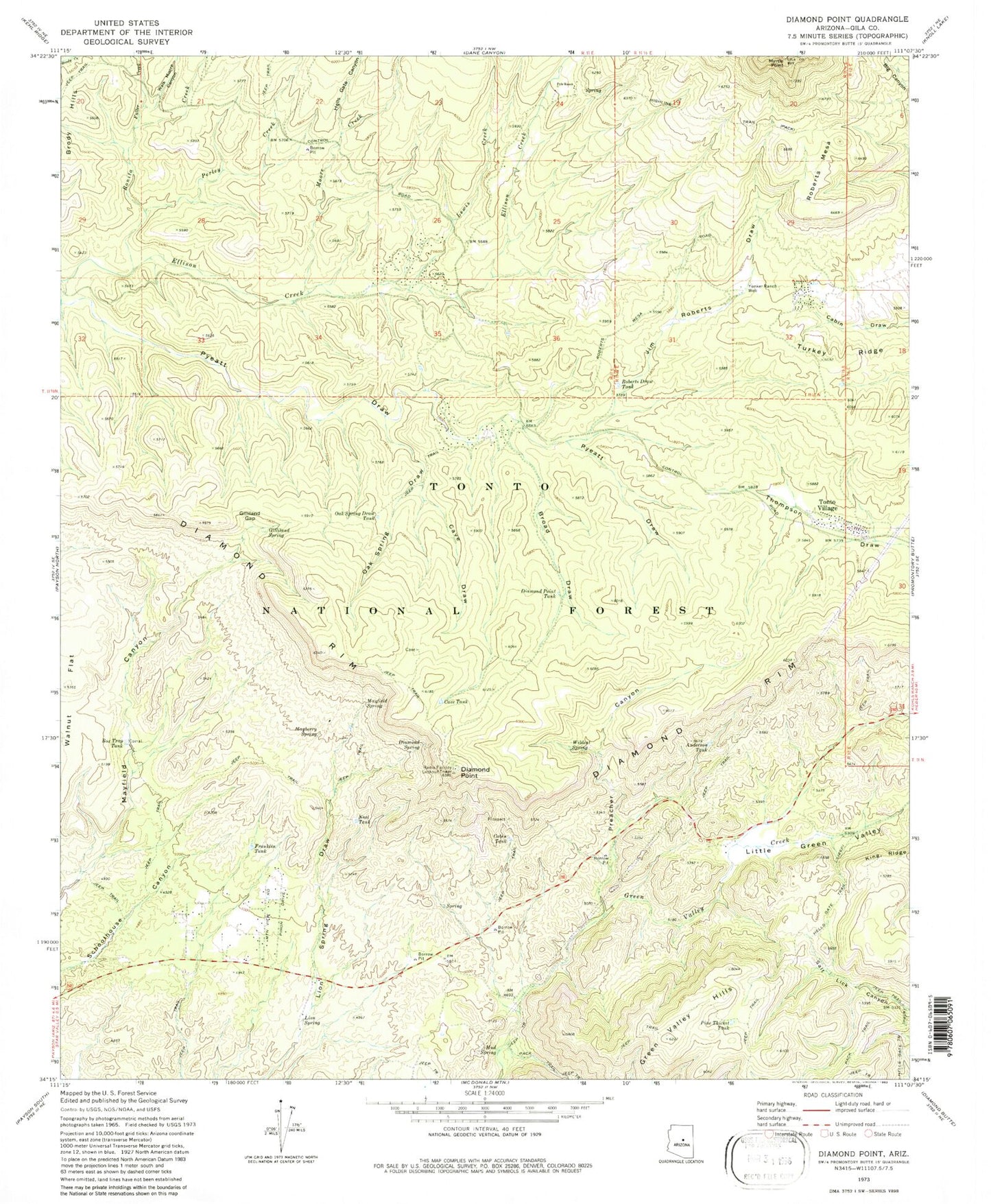 Classic USGS Diamond Point Arizona 7.5'x7.5' Topo Map Image