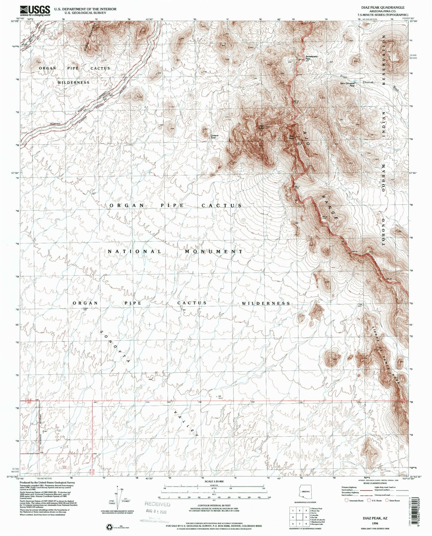 Classic USGS Diaz Peak Arizona 7.5'x7.5' Topo Map Image