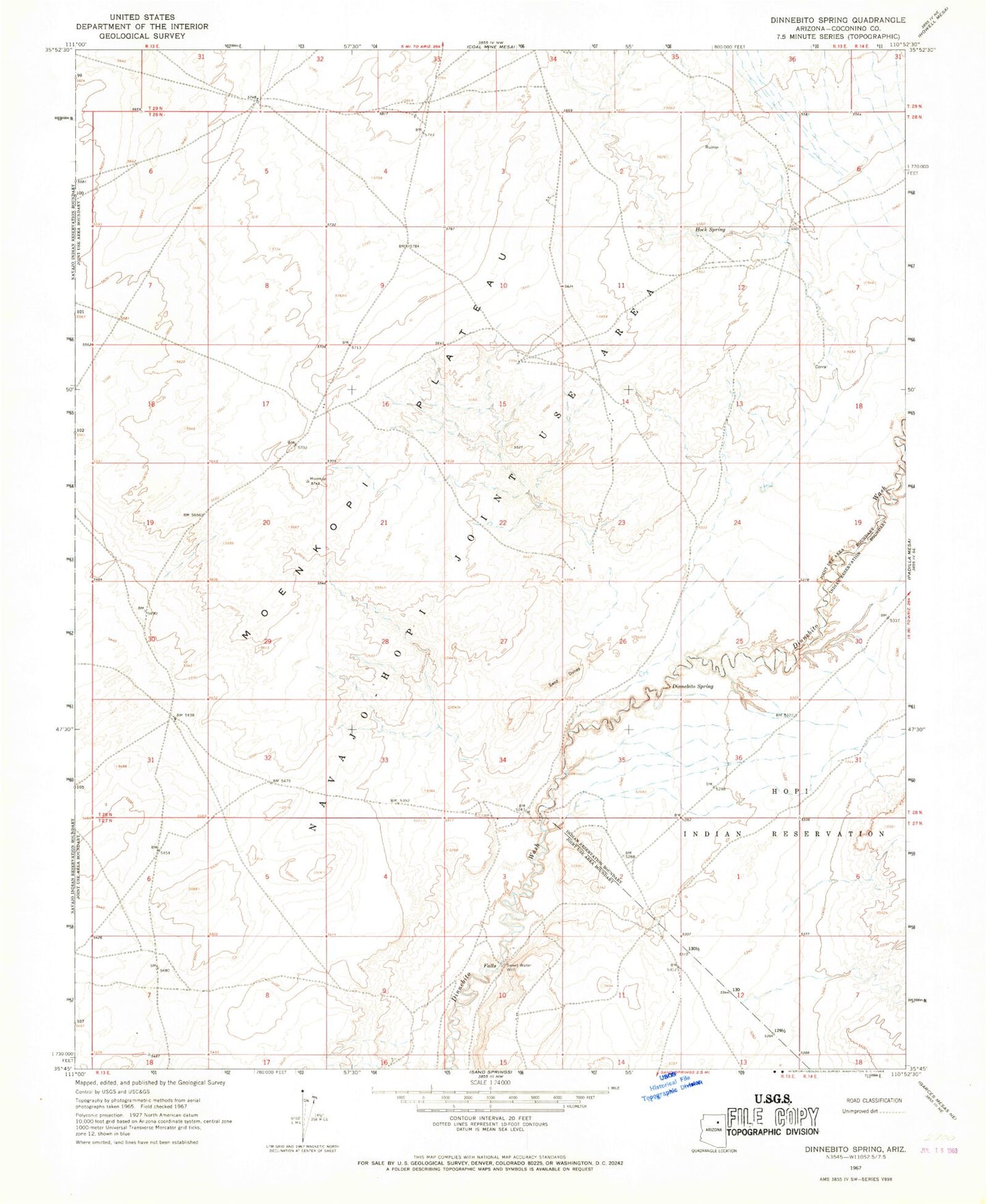 Classic USGS Dinnebito Spring Arizona 7.5'x7.5' Topo Map Image