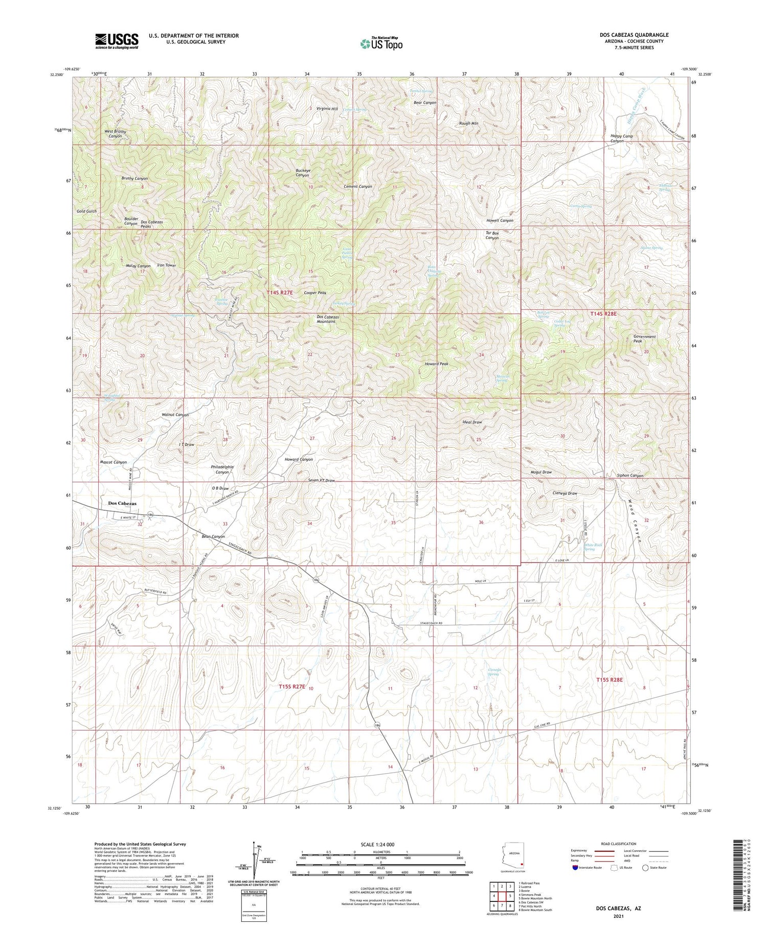 Dos Cabezas Arizona US Topo Map Image