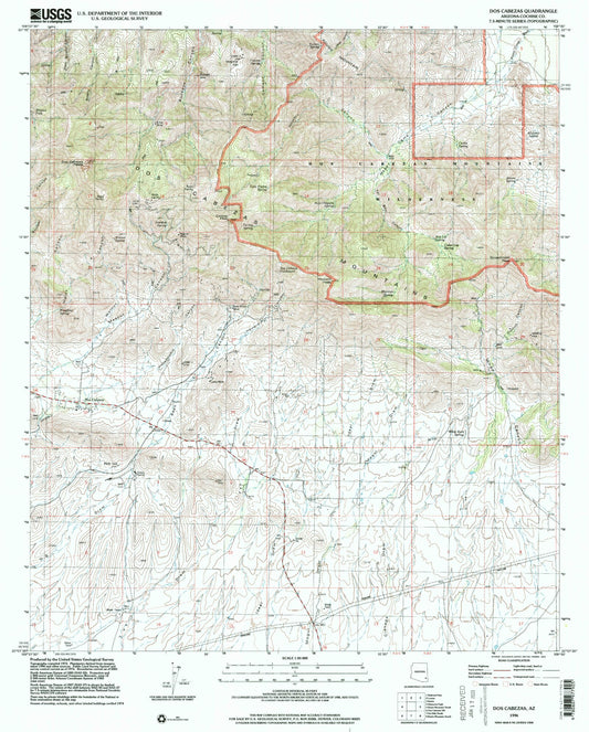 Classic USGS Dos Cabezas Arizona 7.5'x7.5' Topo Map Image