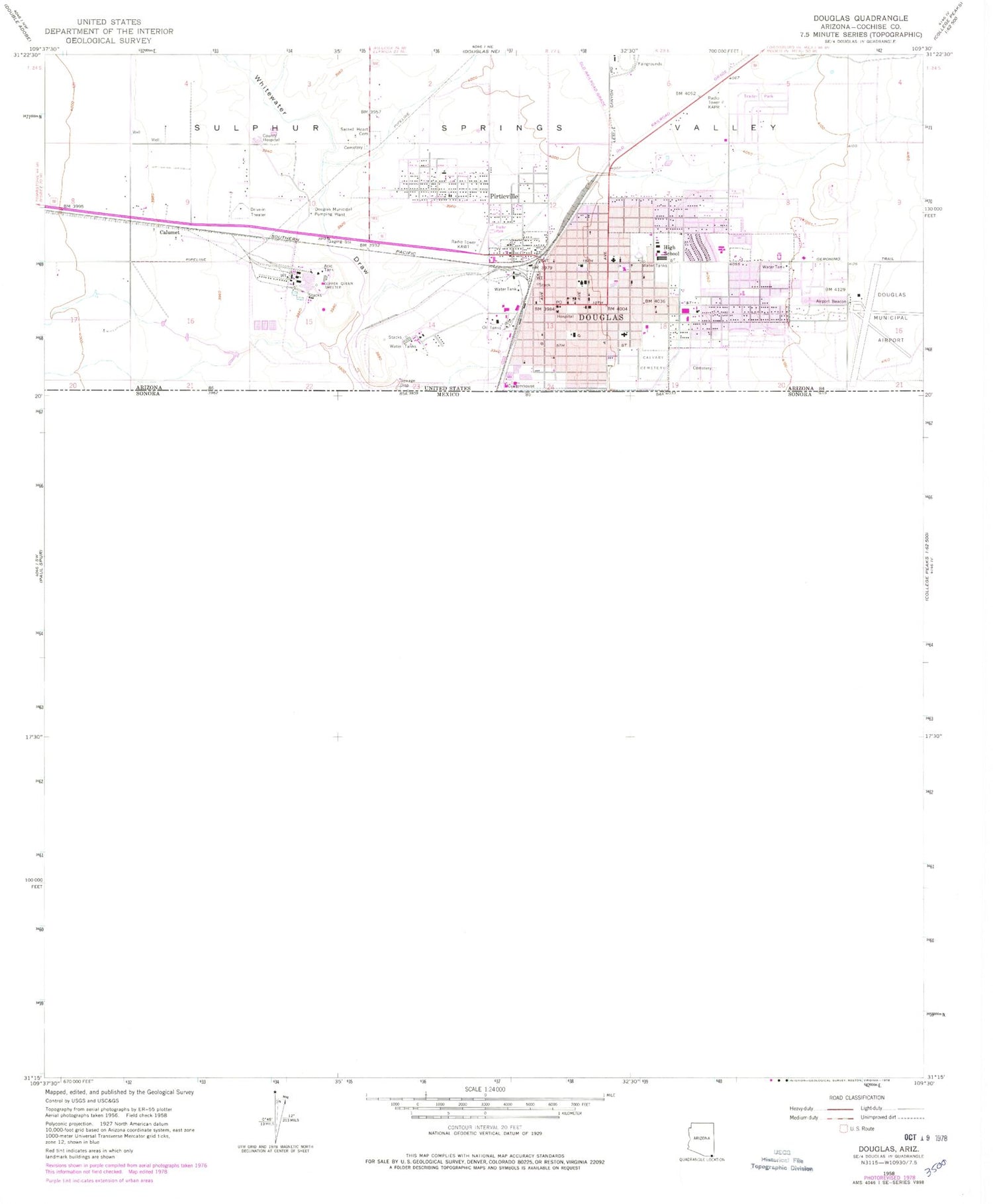 Classic USGS Douglas Arizona 7.5'x7.5' Topo Map Image