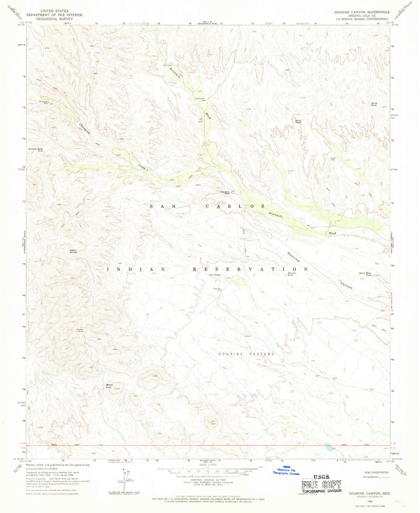 Classic USGS Dourine Canyon Arizona 7.5'x7.5' Topo Map Image