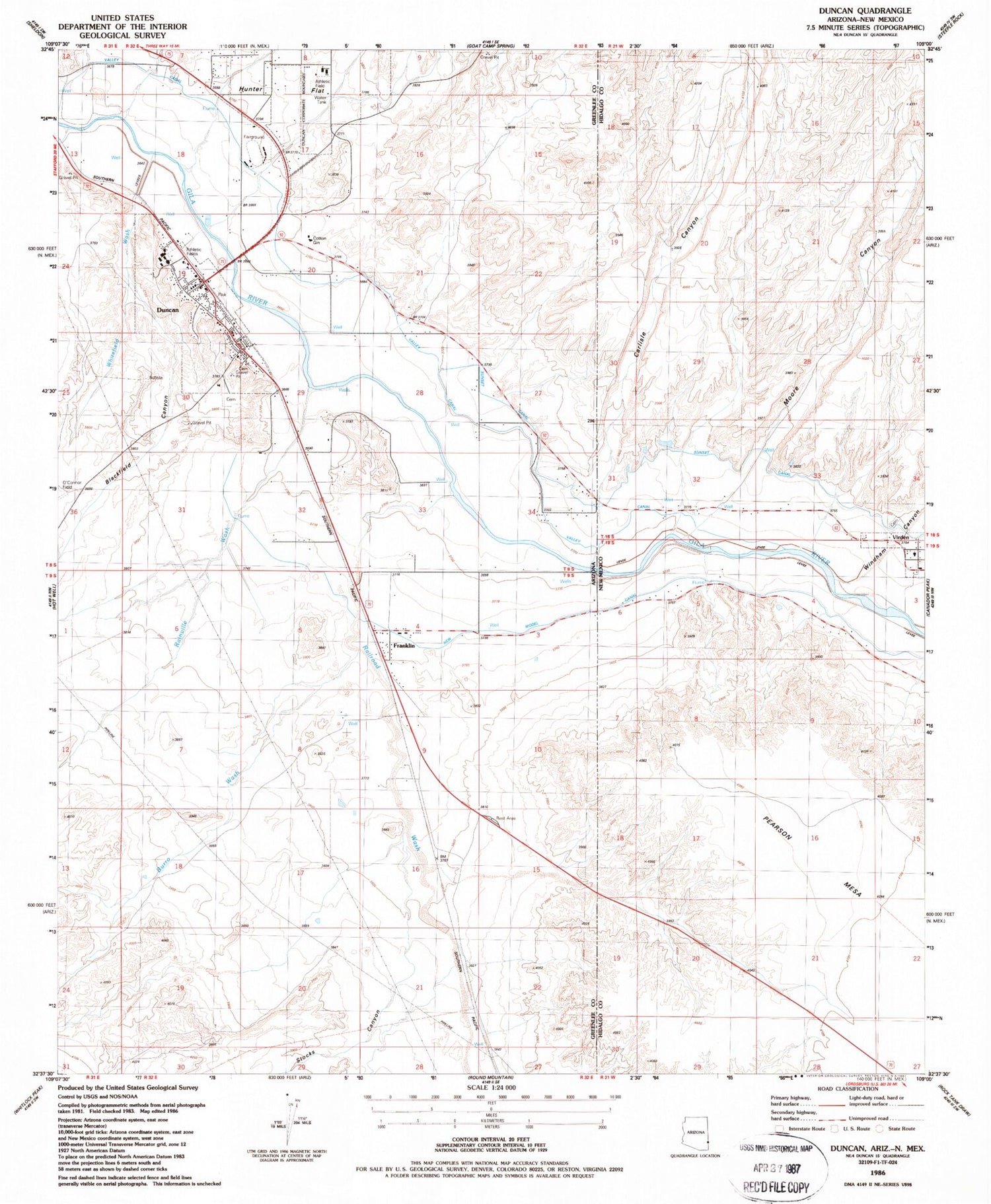 Classic USGS Duncan Arizona 7.5'x7.5' Topo Map Image
