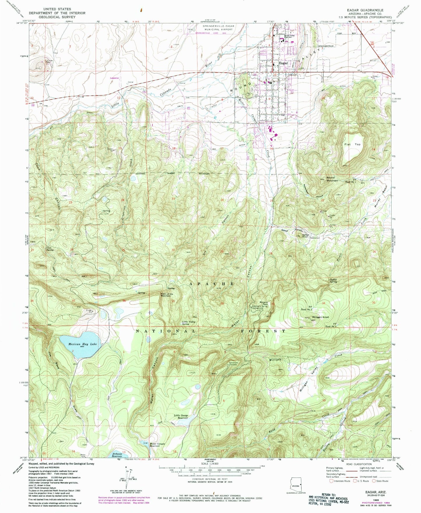 Classic USGS Eagar Arizona 7.5'x7.5' Topo Map Image