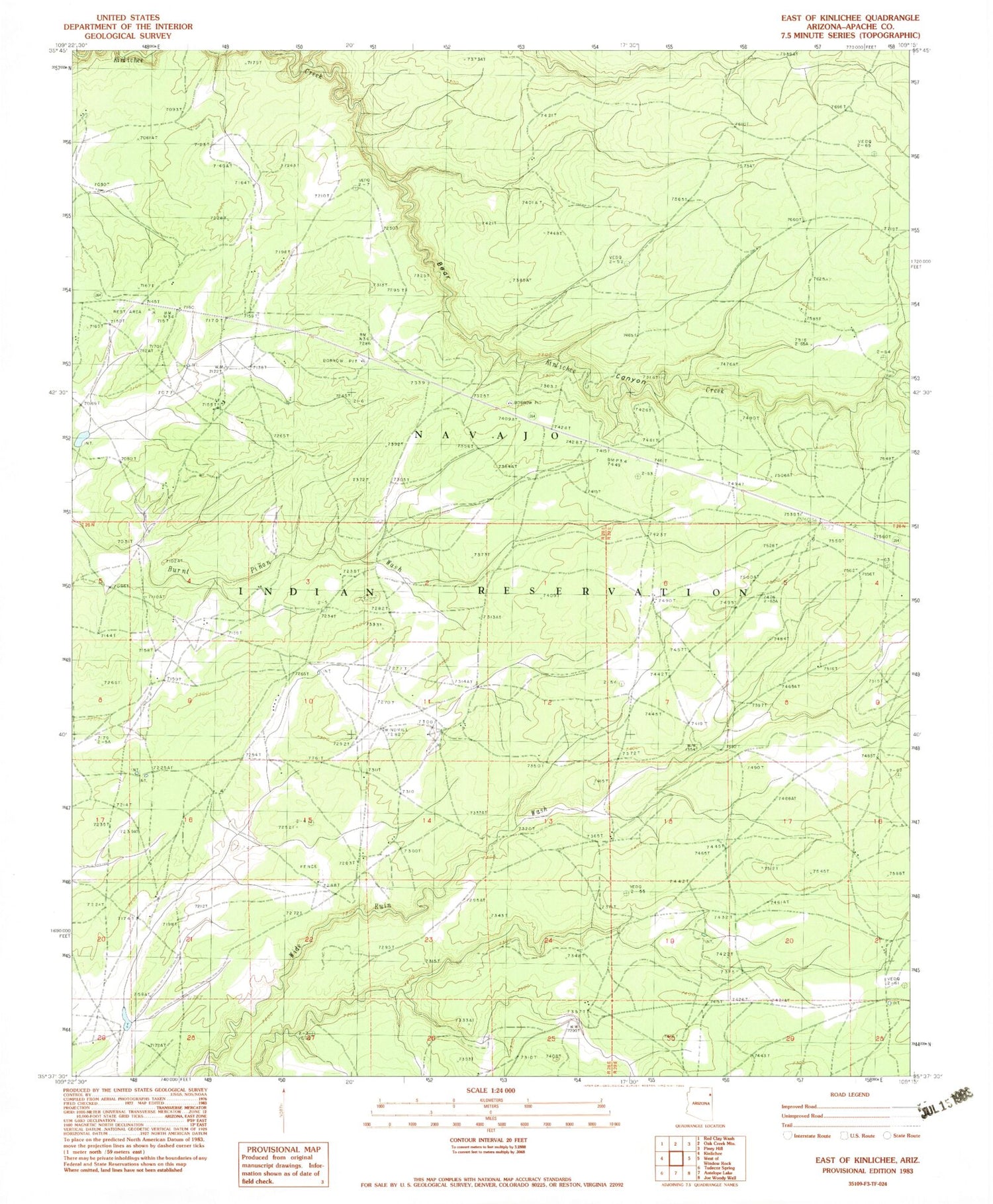 Classic USGS East of Kinlichee Arizona 7.5'x7.5' Topo Map Image