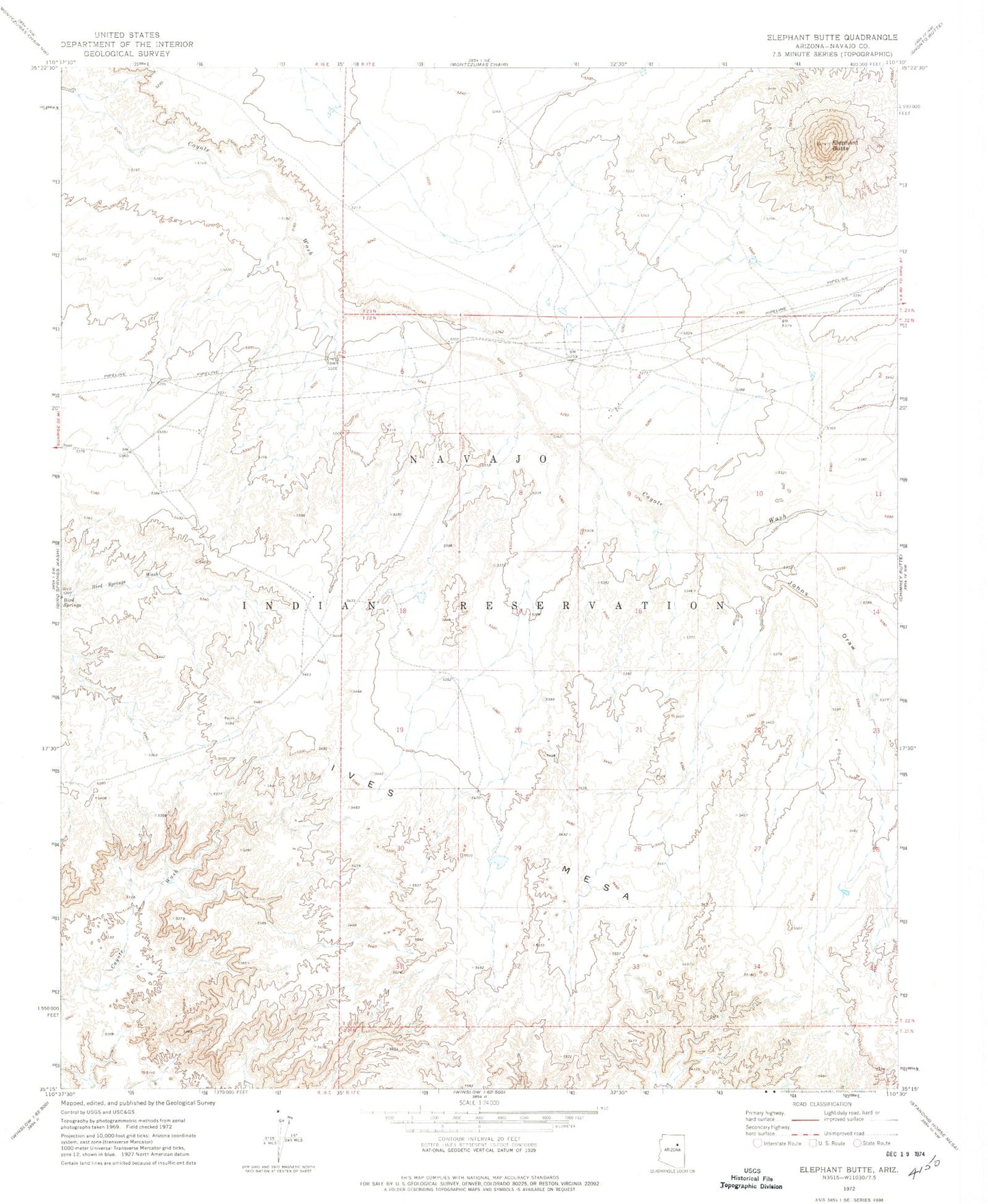Classic USGS Elephant Butte Arizona 7.5'x7.5' Topo Map Image