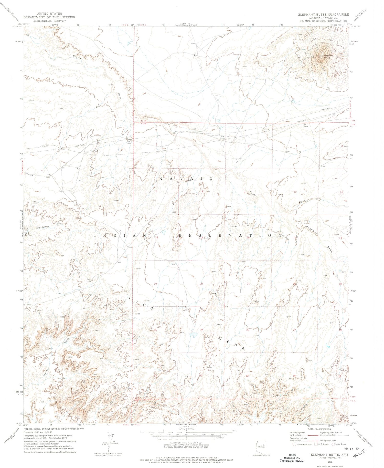 Classic USGS Elephant Butte Arizona 7.5'x7.5' Topo Map Image