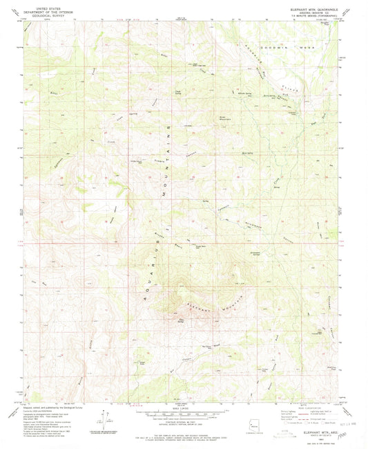 Classic USGS Elephant Mountain Arizona 7.5'x7.5' Topo Map Image