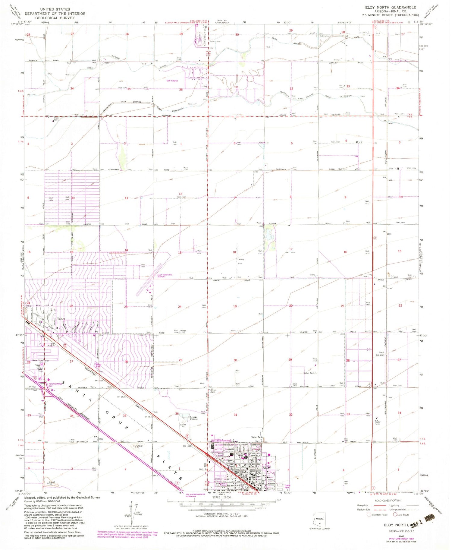 Classic USGS Eloy North Arizona 7.5'x7.5' Topo Map Image