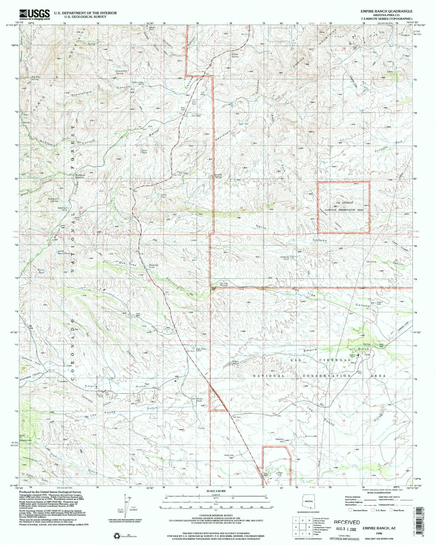 Classic USGS Empire Ranch Arizona 7.5'x7.5' Topo Map Image