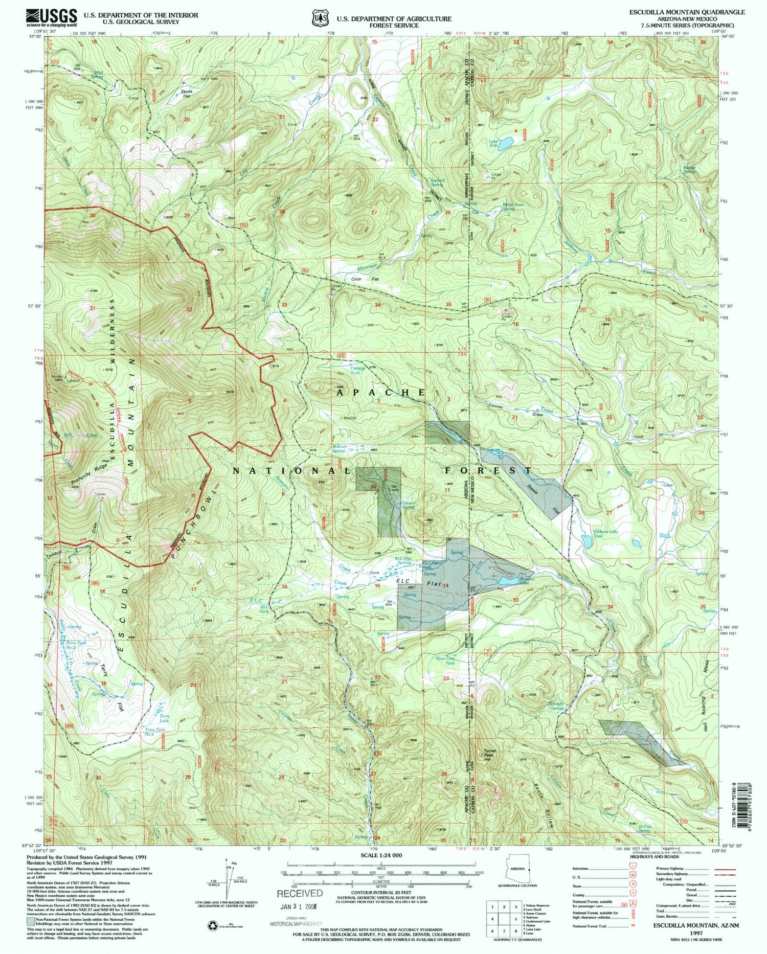 Classic USGS Escudilla Mountain Arizona 7.5'x7.5' Topo Map Image