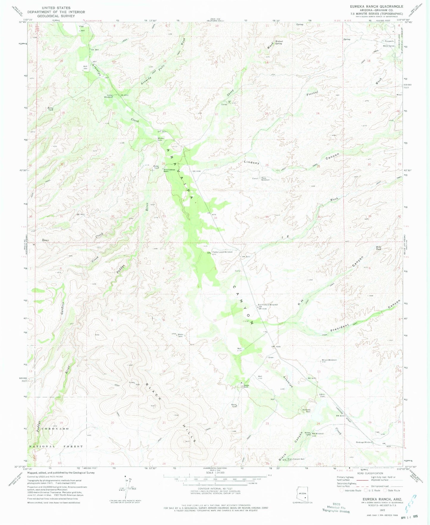 Classic USGS Eureka Ranch Arizona 7.5'x7.5' Topo Map Image
