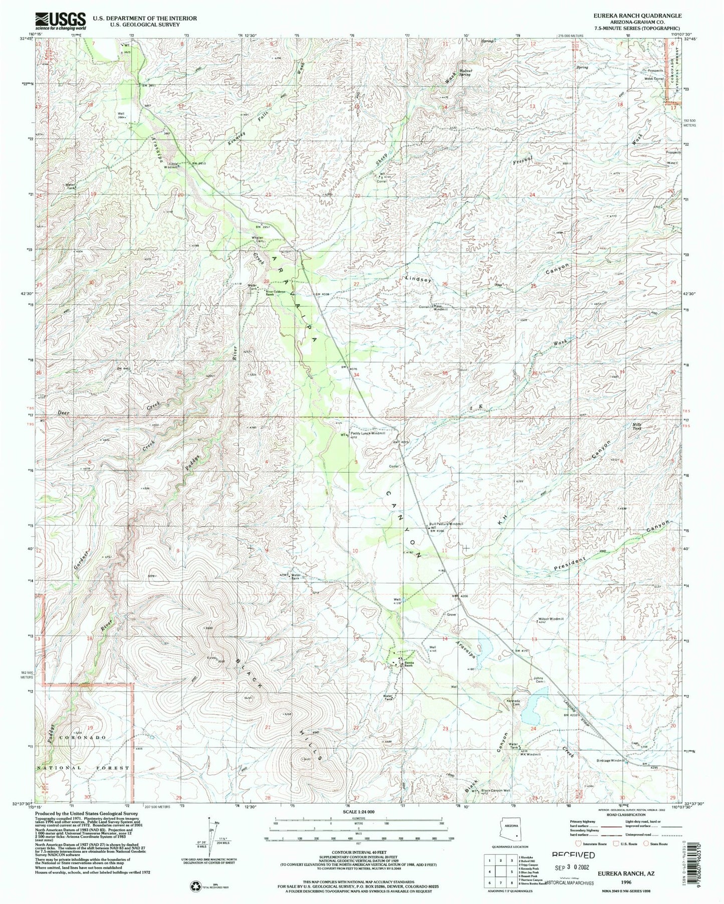 Classic USGS Eureka Ranch Arizona 7.5'x7.5' Topo Map Image
