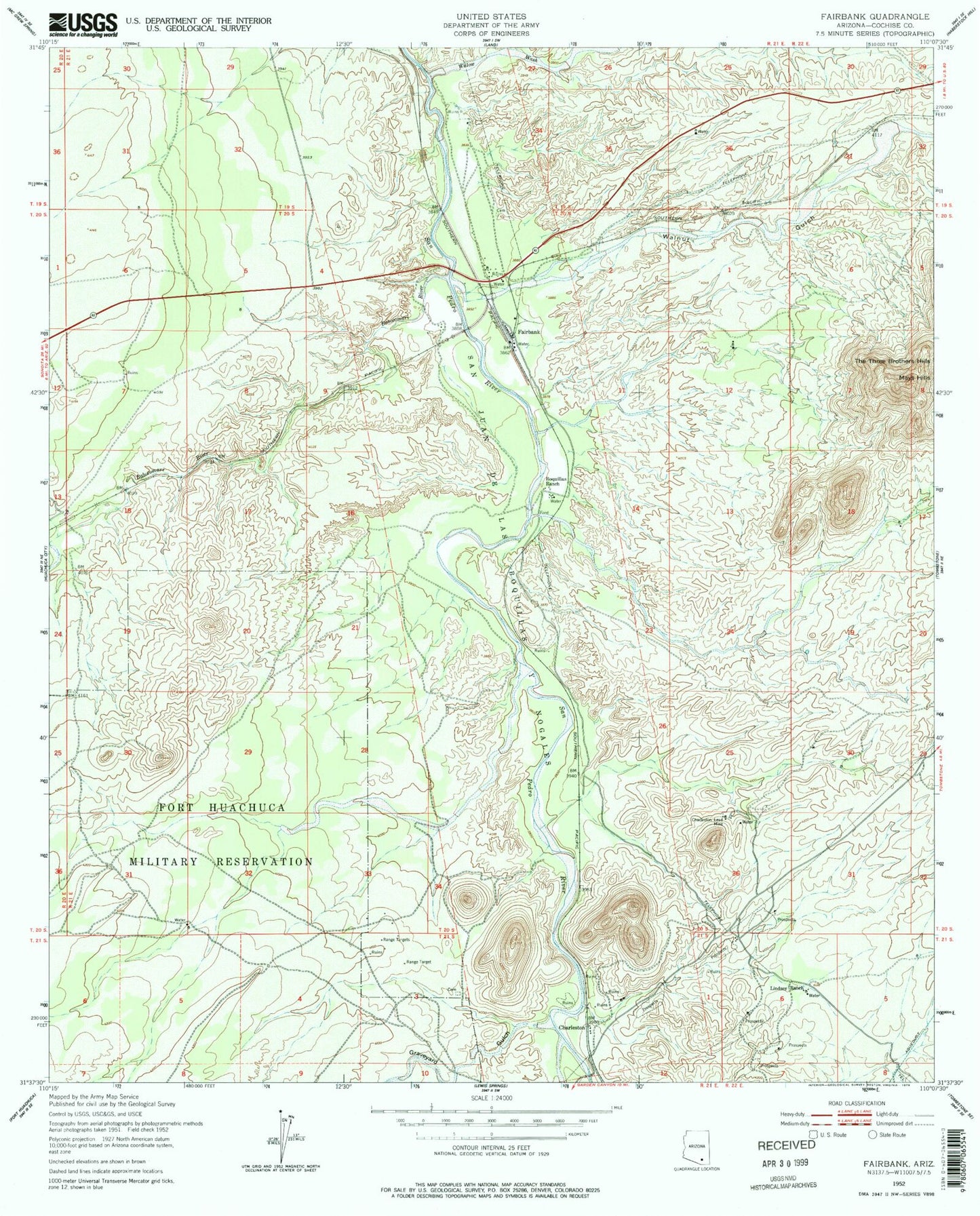 Classic USGS Fairbank Arizona 7.5'x7.5' Topo Map Image