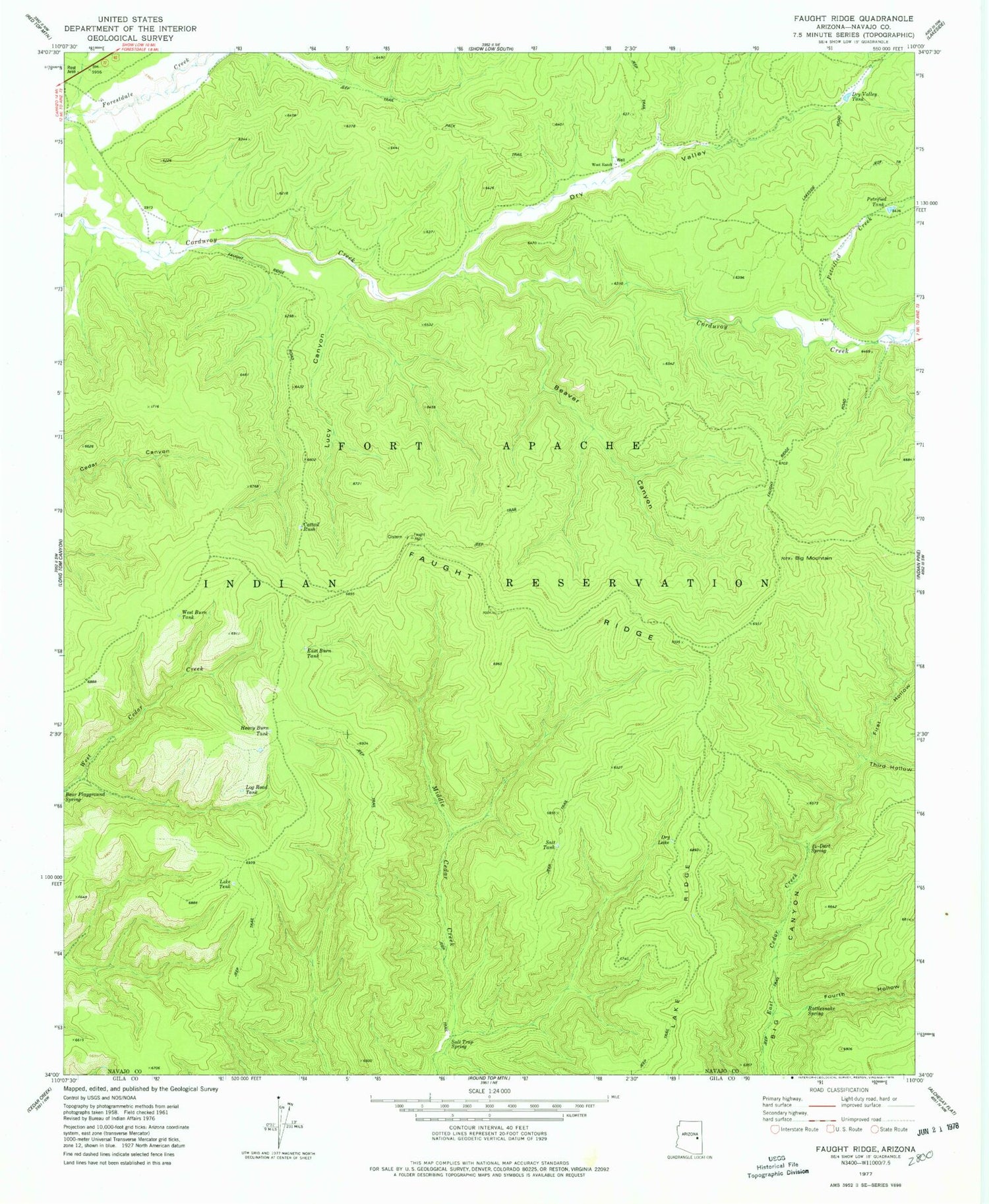 Classic USGS Faught Ridge Arizona 7.5'x7.5' Topo Map Image