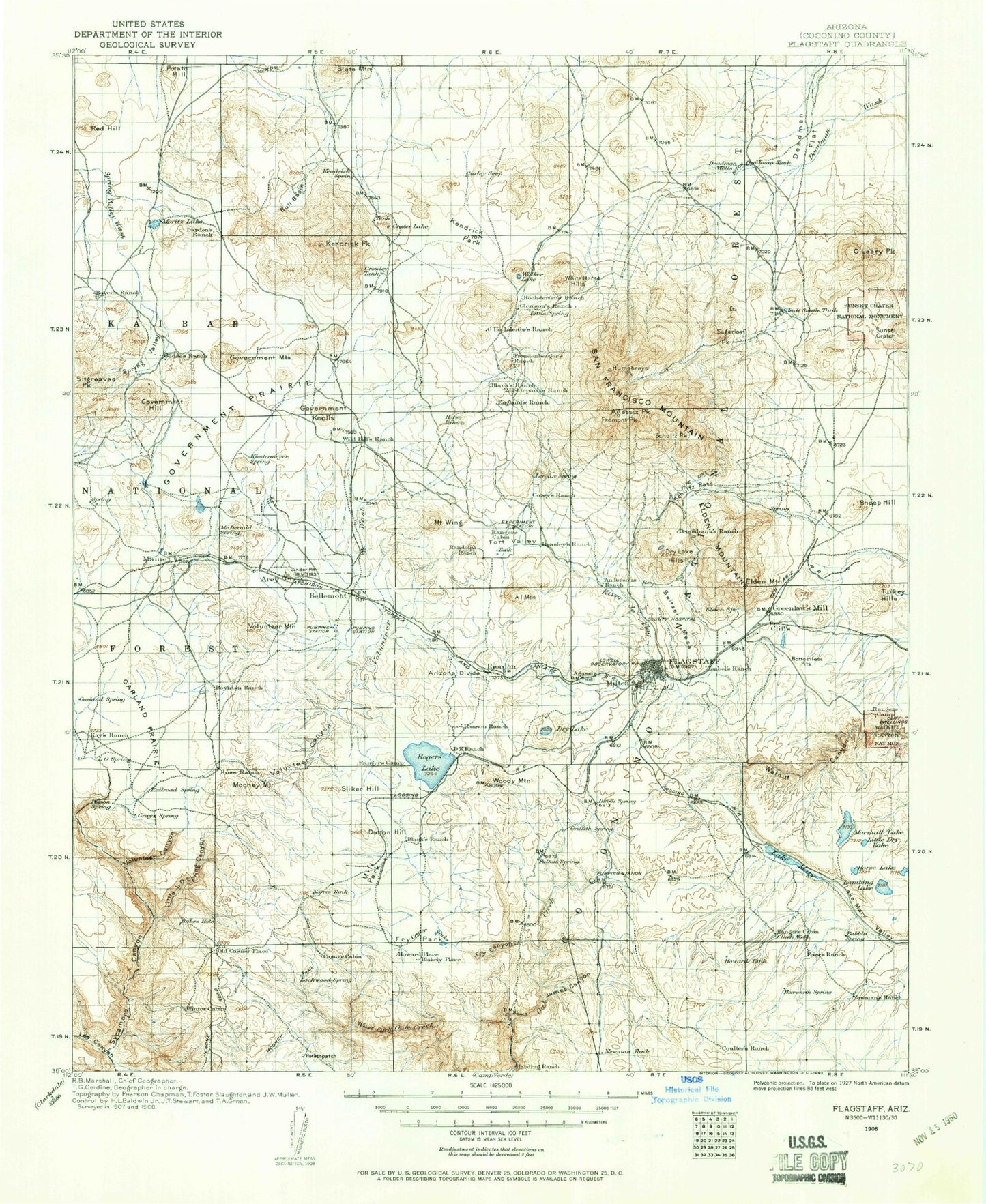 Historic 1908 Flagstaff Arizona 30'x30' Topo Map Image