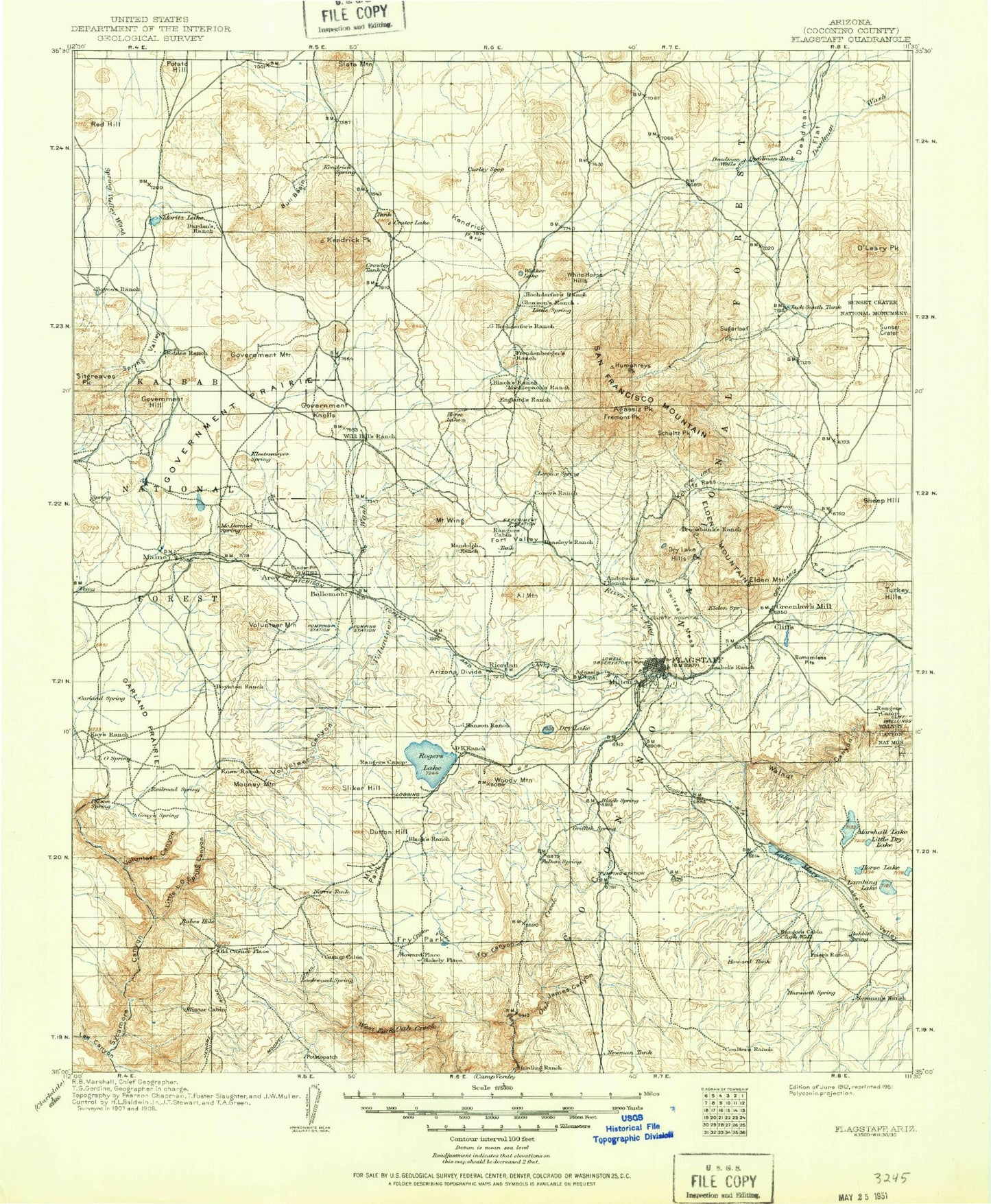 Historic 1912 Flagstaff Arizona 30'x30' Topo Map Image