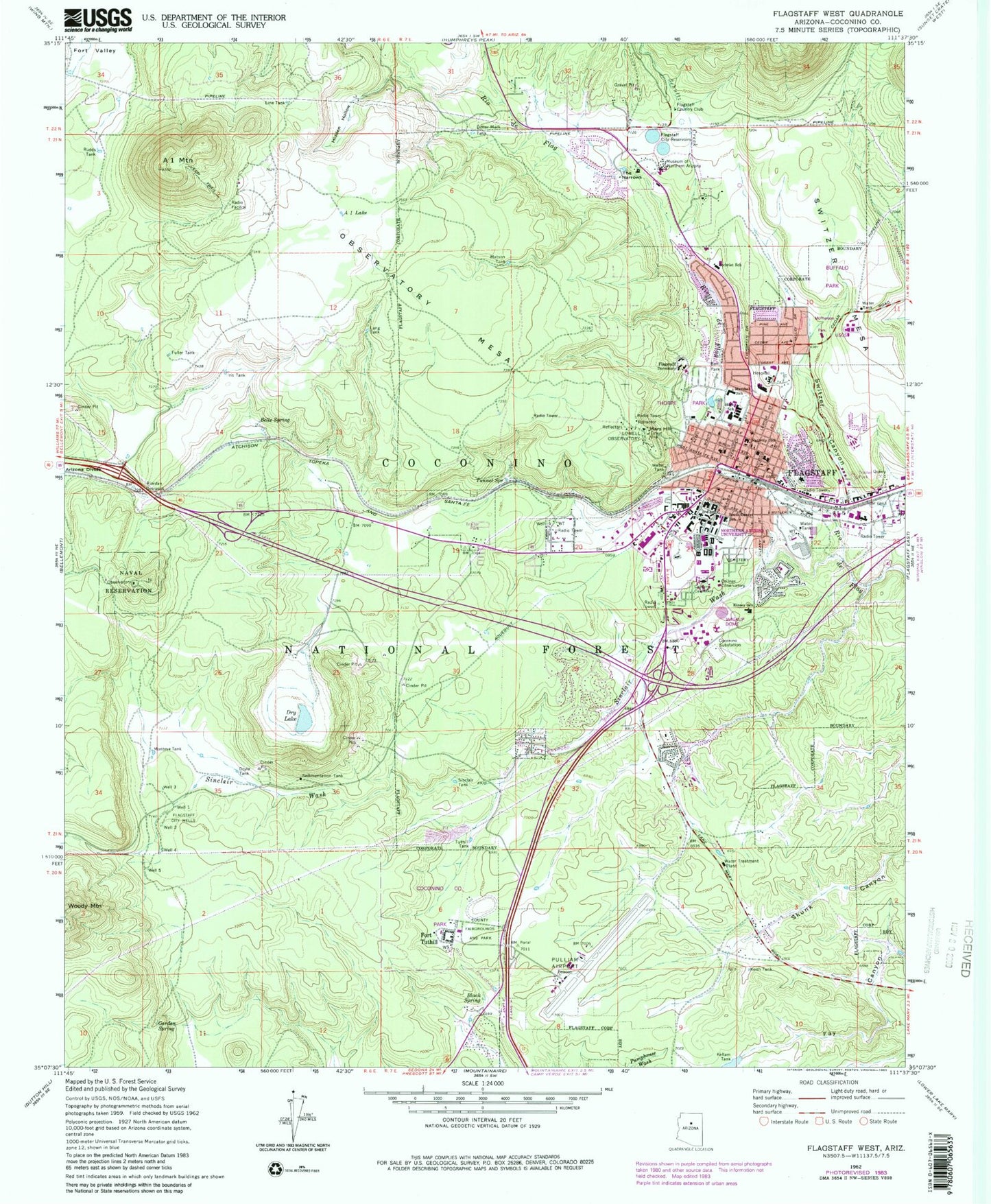 Classic USGS Flagstaff West Arizona 7.5'x7.5' Topo Map Image