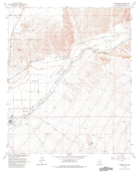 Classic USGS Florence SE Arizona 7.5'x7.5' Topo Map Image