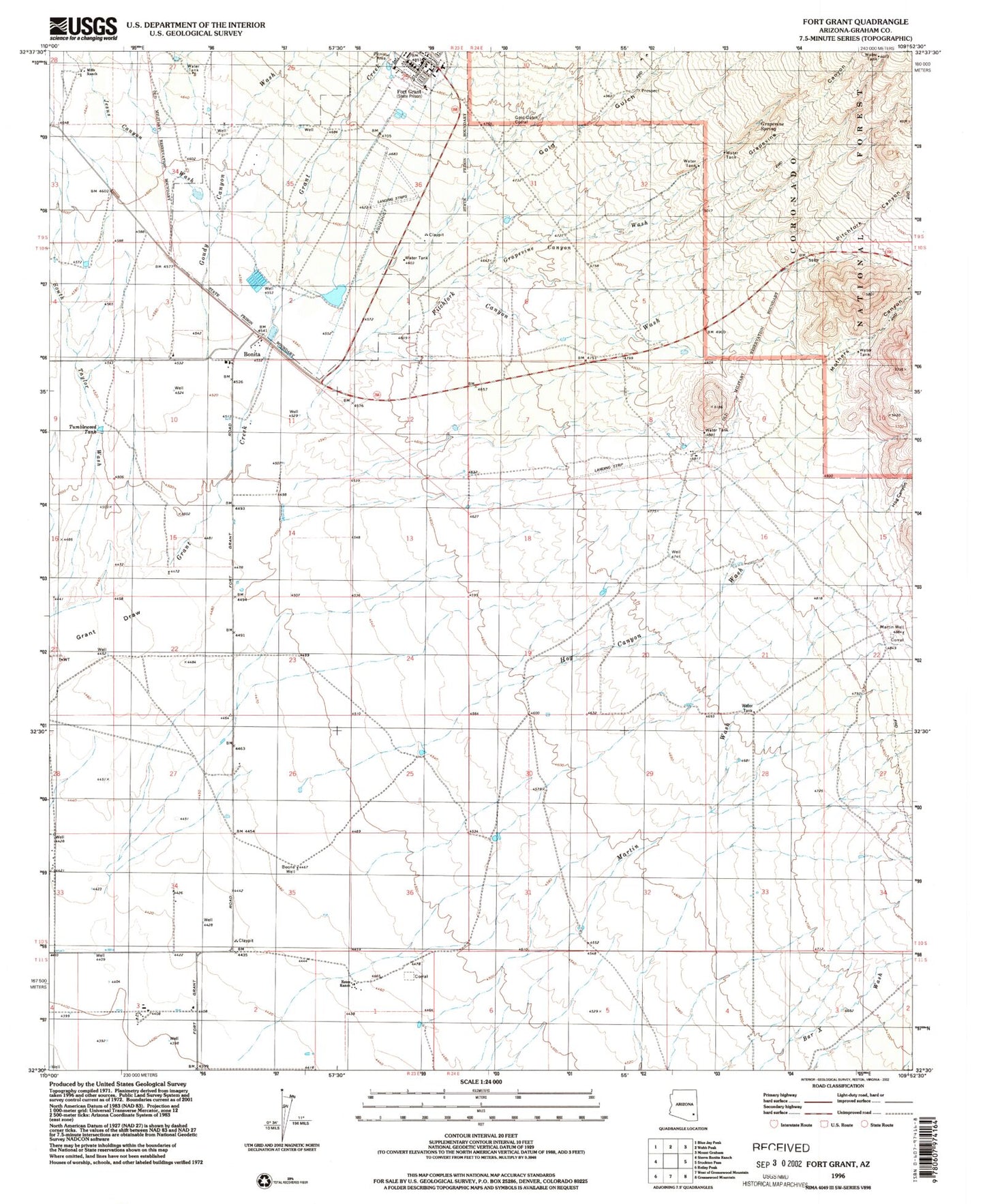 Classic USGS Fort Grant Arizona 7.5'x7.5' Topo Map Image