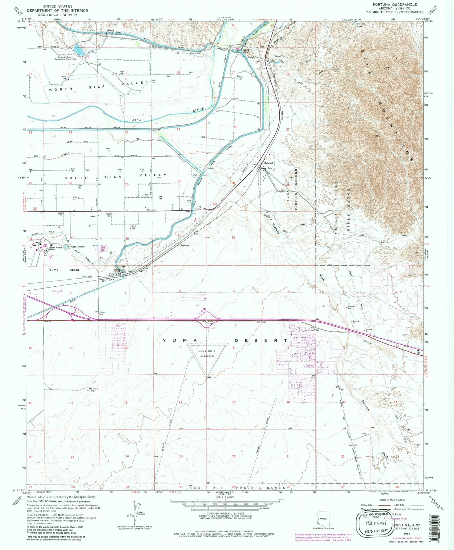Classic USGS Fortuna Arizona 7.5'x7.5' Topo Map Image
