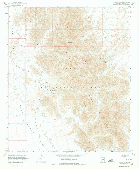 Classic USGS Fortuna Mine Arizona 7.5'x7.5' Topo Map Image
