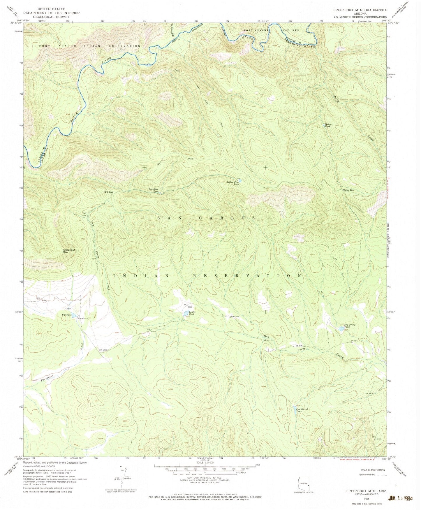Classic USGS Freezeout Mountain Arizona 7.5'x7.5' Topo Map Image