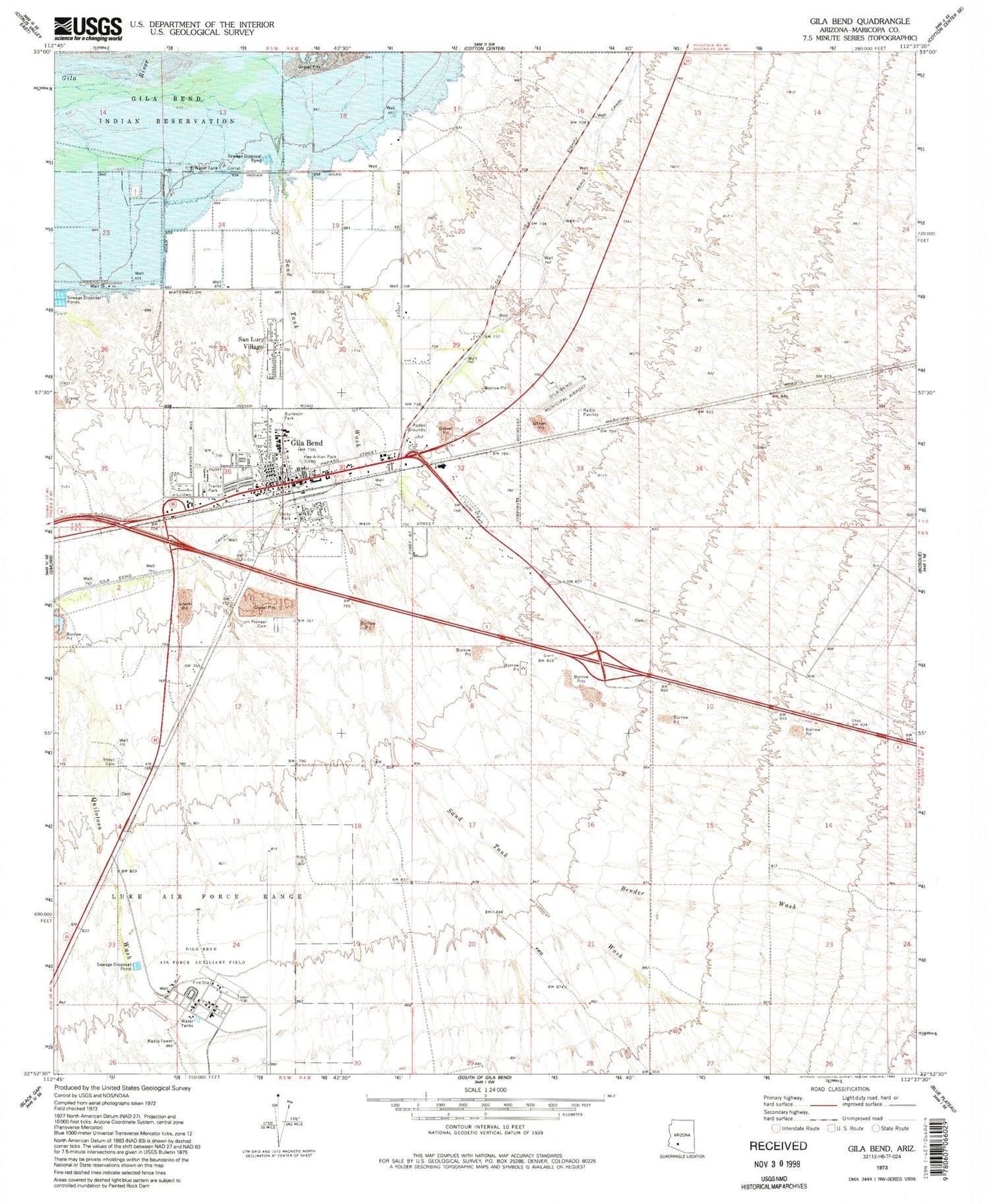 Classic USGS Gila Bend Arizona 7.5'x7.5' Topo Map Image