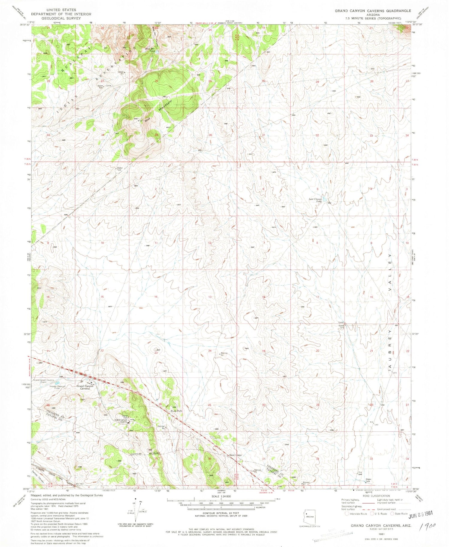 Classic USGS Grand Canyon Caverns Arizona 7.5'x7.5' Topo Map Image