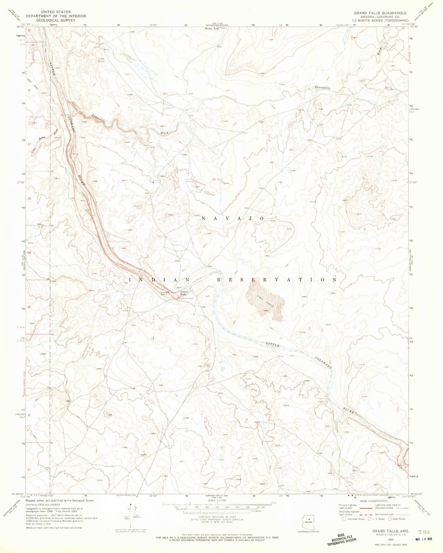 Classic USGS Grand Falls Arizona 7.5'x7.5' Topo Map Image
