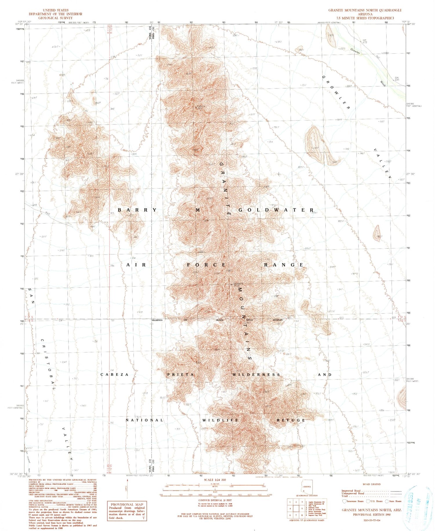 Classic USGS Granite Mountains North Arizona 7.5'x7.5' Topo Map Image