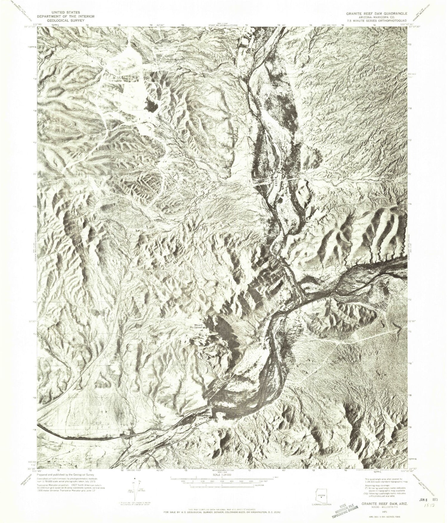 Classic USGS Granite Reef Dam Arizona 7.5'x7.5' Topo Map Image