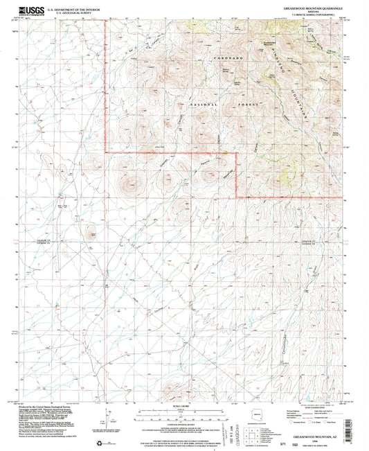Classic USGS Greasewood Mountain Arizona 7.5'x7.5' Topo Map Image