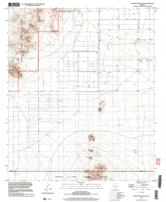Classic USGS Greene Reservoir Arizona 7.5'x7.5' Topo Map Image