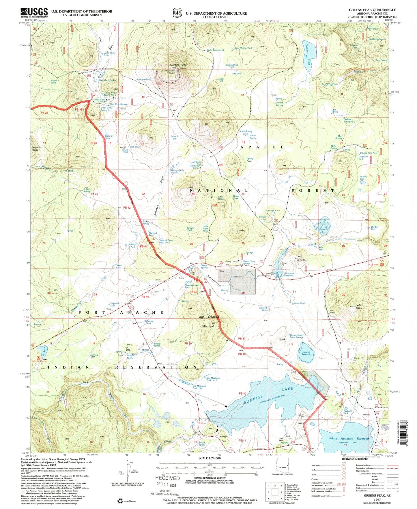 Classic USGS Greens Peak Arizona 7.5'x7.5' Topo Map Image