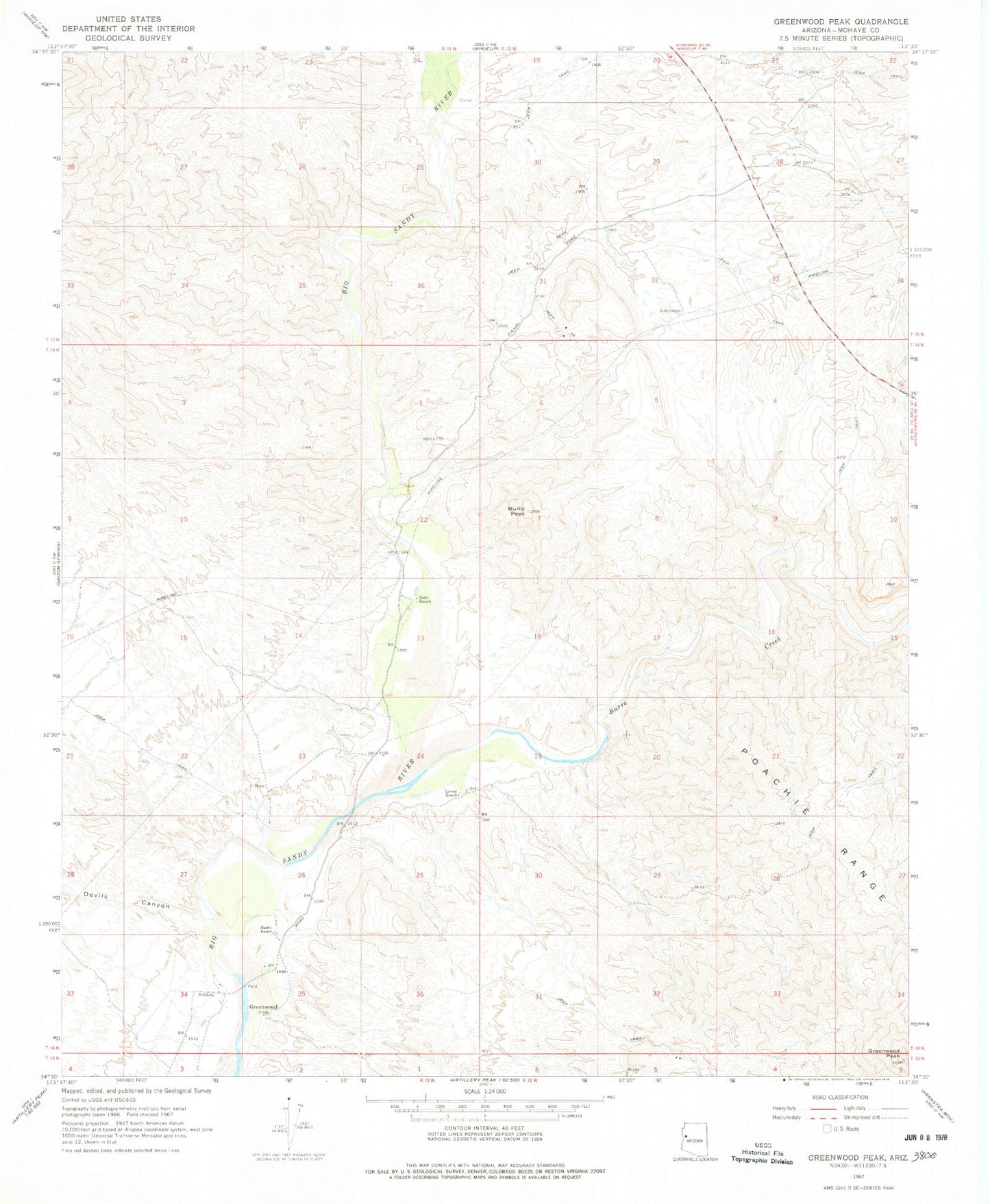 Classic USGS Greenwood Peak Arizona 7.5'x7.5' Topo Map Image