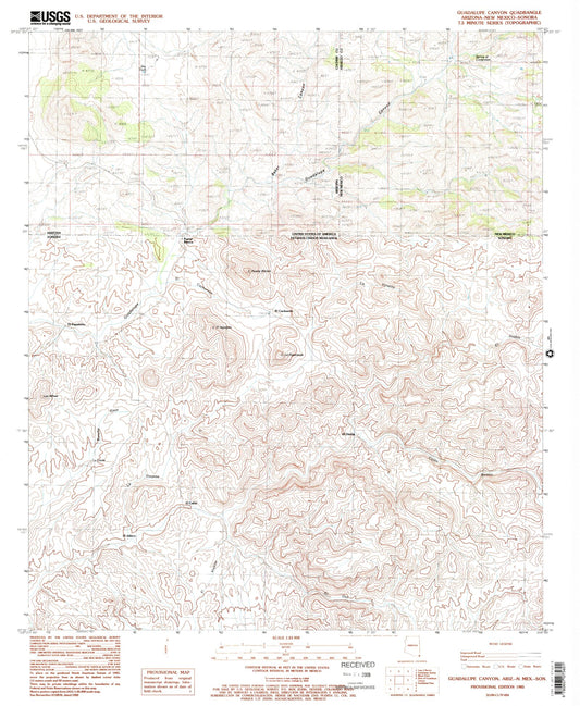 Classic USGS Guadalupe Canyon Arizona 7.5'x7.5' Topo Map Image