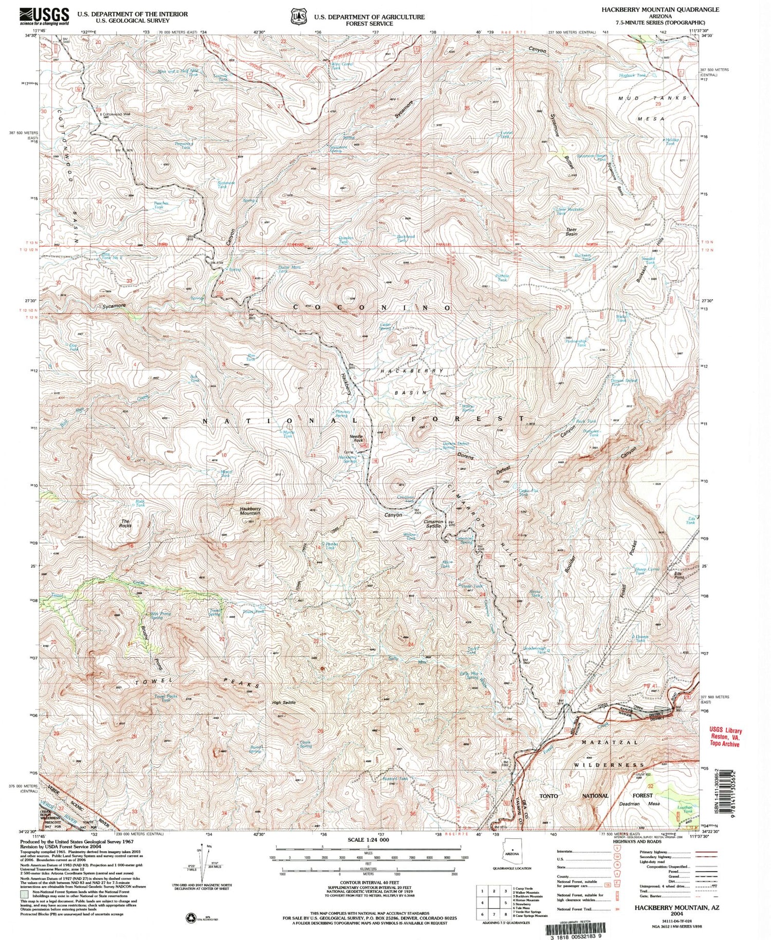 Classic USGS Hackberry Mountain Arizona 7.5'x7.5' Topo Map Image